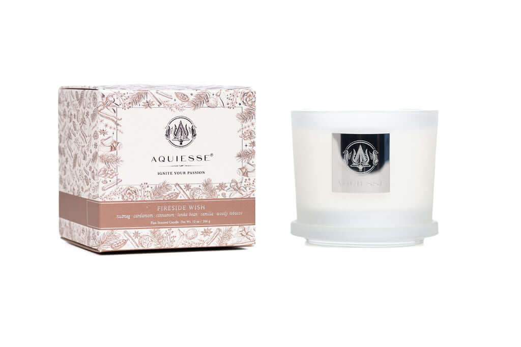 Fireside Wish 5 oz candle by Aquiesse with cozy packaging, evoking warm holiday gatherings and inviting spices.