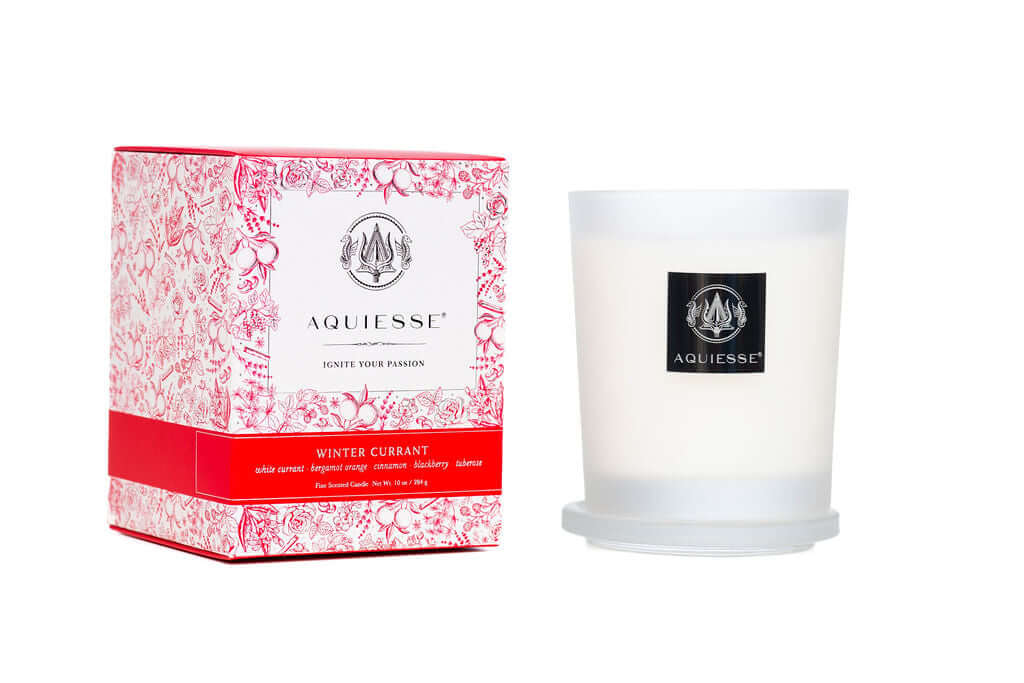 Winter Currant candle by Aquiesse in decorative packaging, featuring white currant and bergamot fragrance.