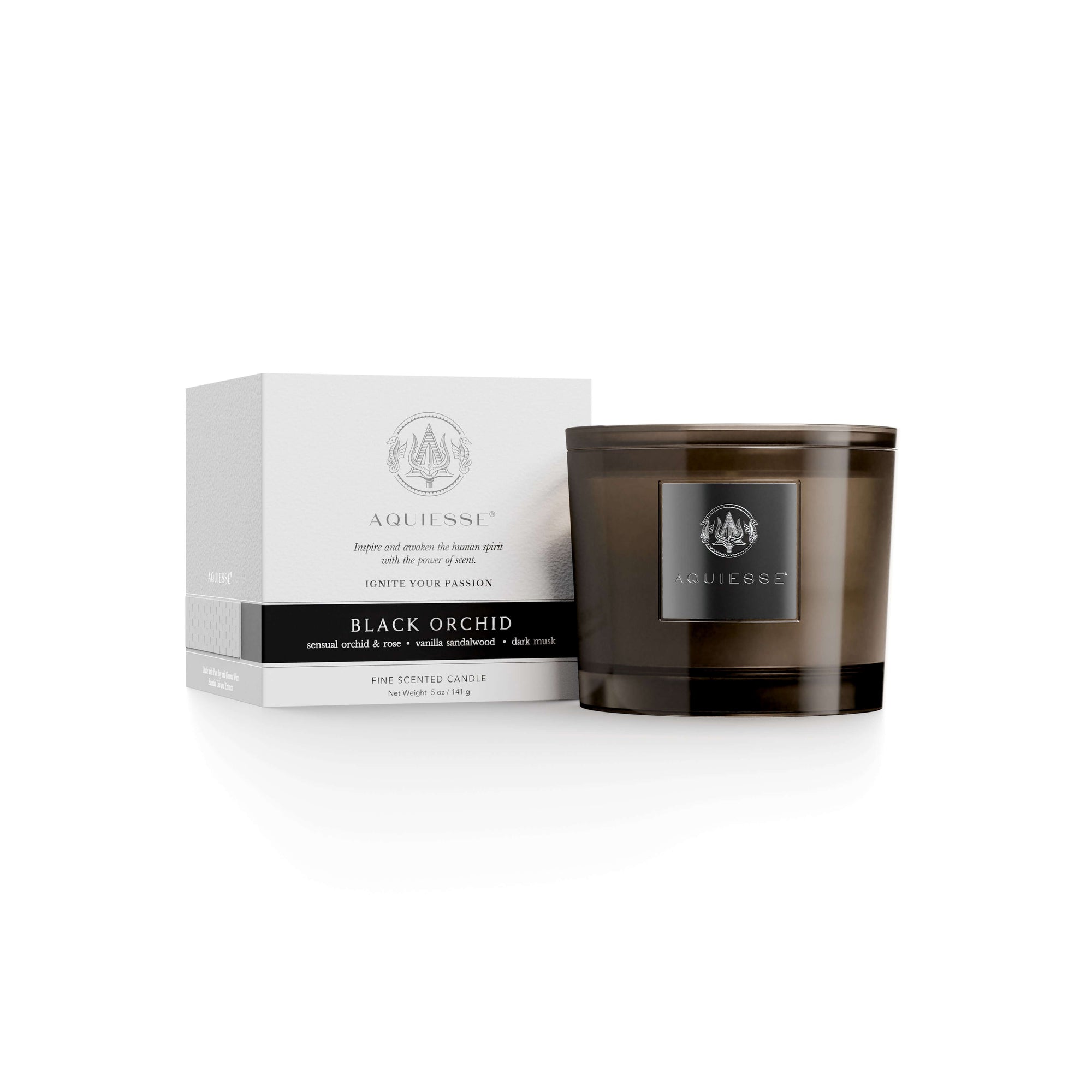 Black Orchid Candle with box featuring sensual orchid, rose, vanilla sandalwood, and dark musk for a romantic ambiance.