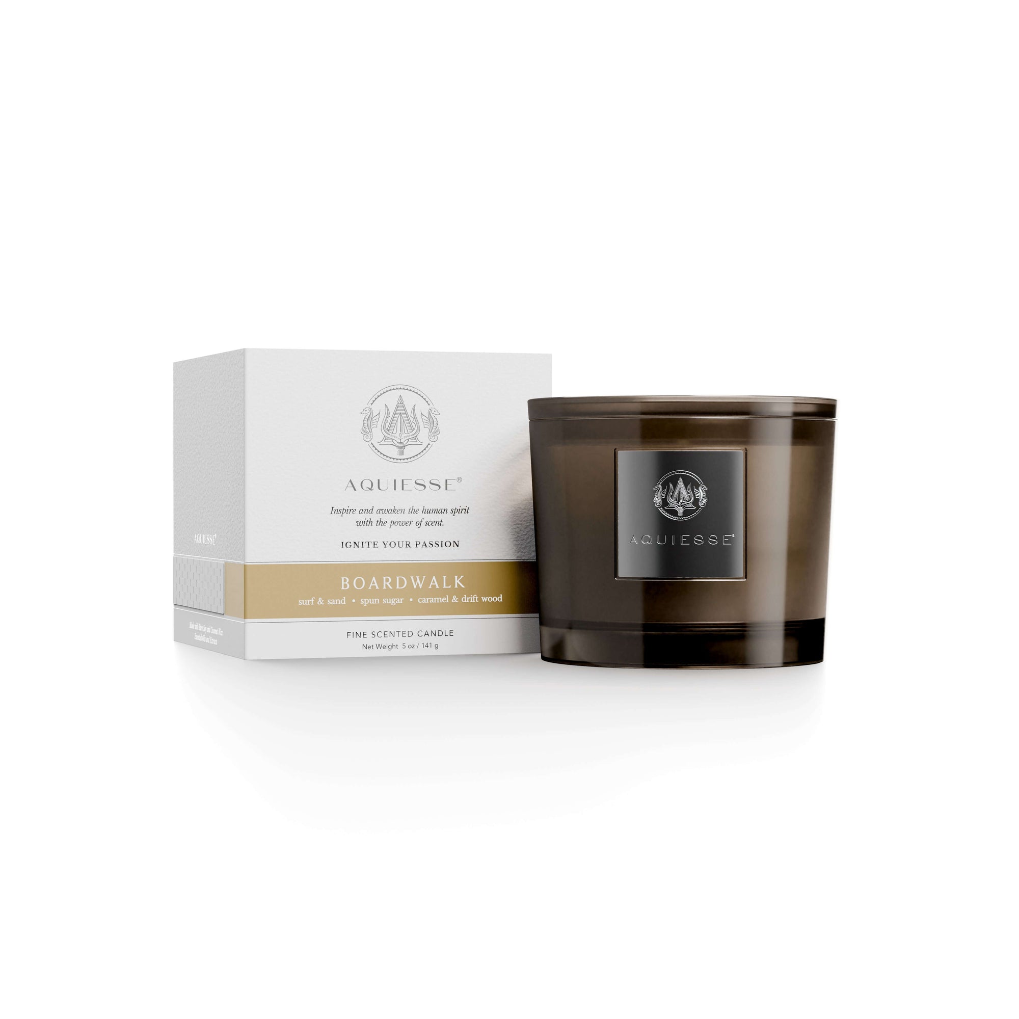 Aquiesse Boardwalk Candle with a sleek design, evoking beachy vibes of sun, sugar, and driftwood.