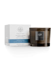 Shoreline candle by Aquiesse in a brown glass jar with a white box, featuring coastal flowers and ocean botanicals.