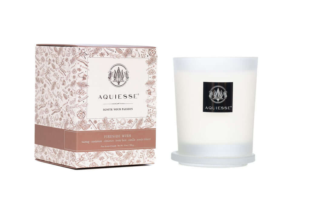 Fireside Wish candle by Aquiesse with elegant packaging, evoking warmth and cozy gatherings.