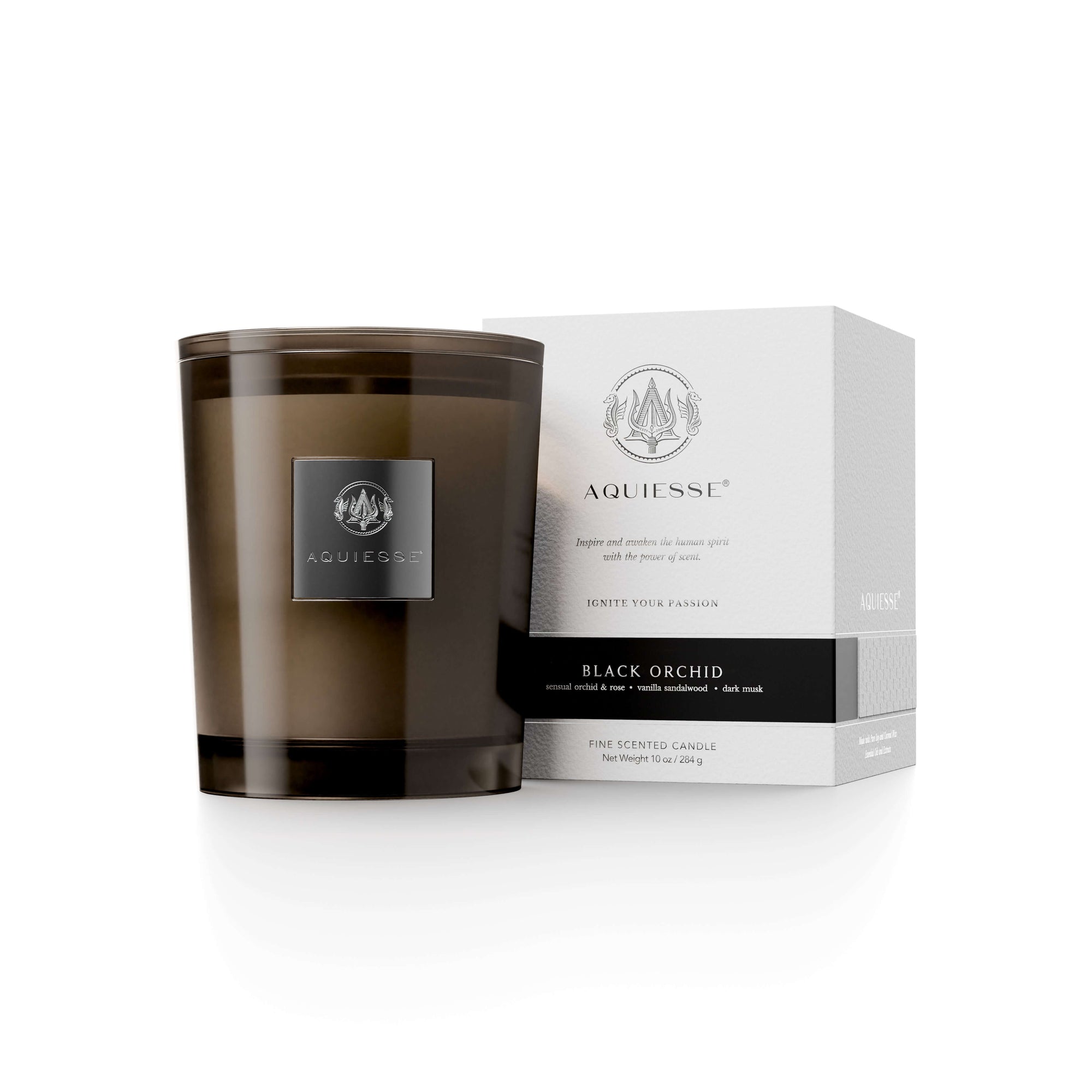 Aquiesse Black Orchid Candle with seductive floral scents of orchid, rose, vanilla sandalwood, and dark musk.