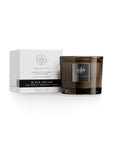 Black Orchid Candle with box featuring sensual orchid, rose, vanilla sandalwood, and dark musk for a romantic ambiance.