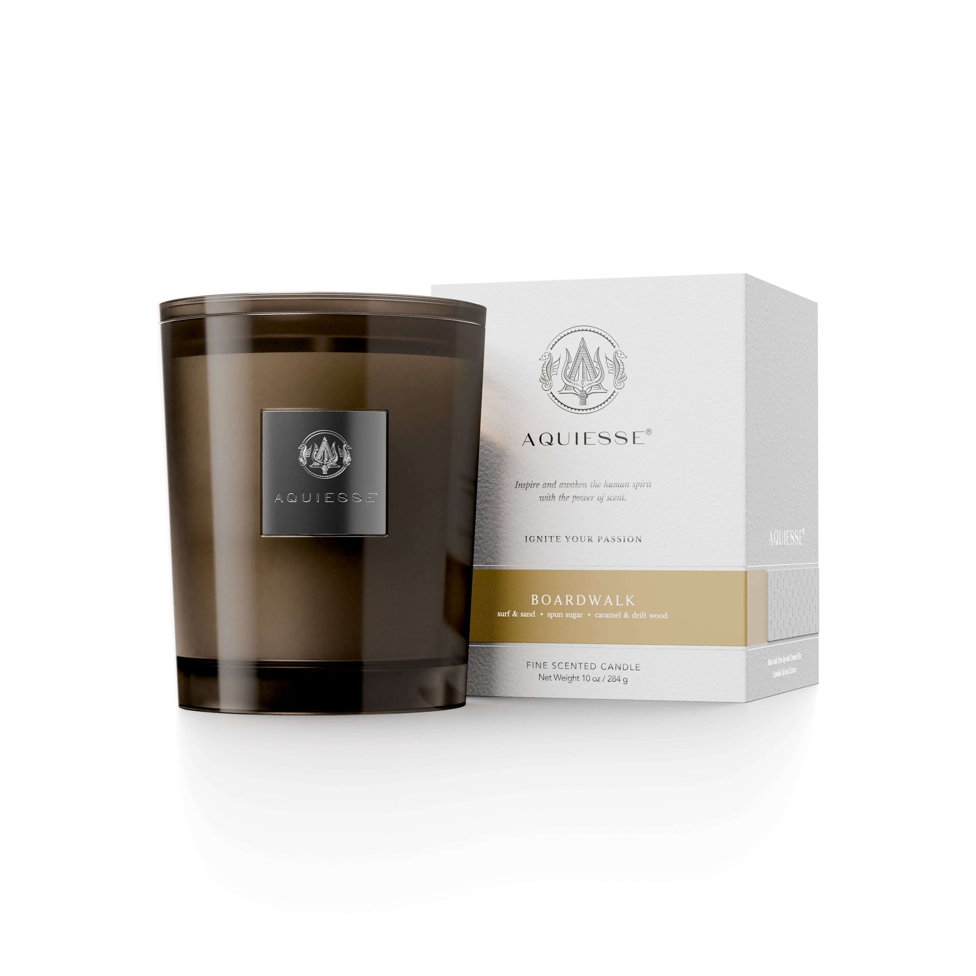 Boardwalk Candle by Aquiesse, featuring notes of sugar, driftwood, and beachy vibes for a cozy scent experience.