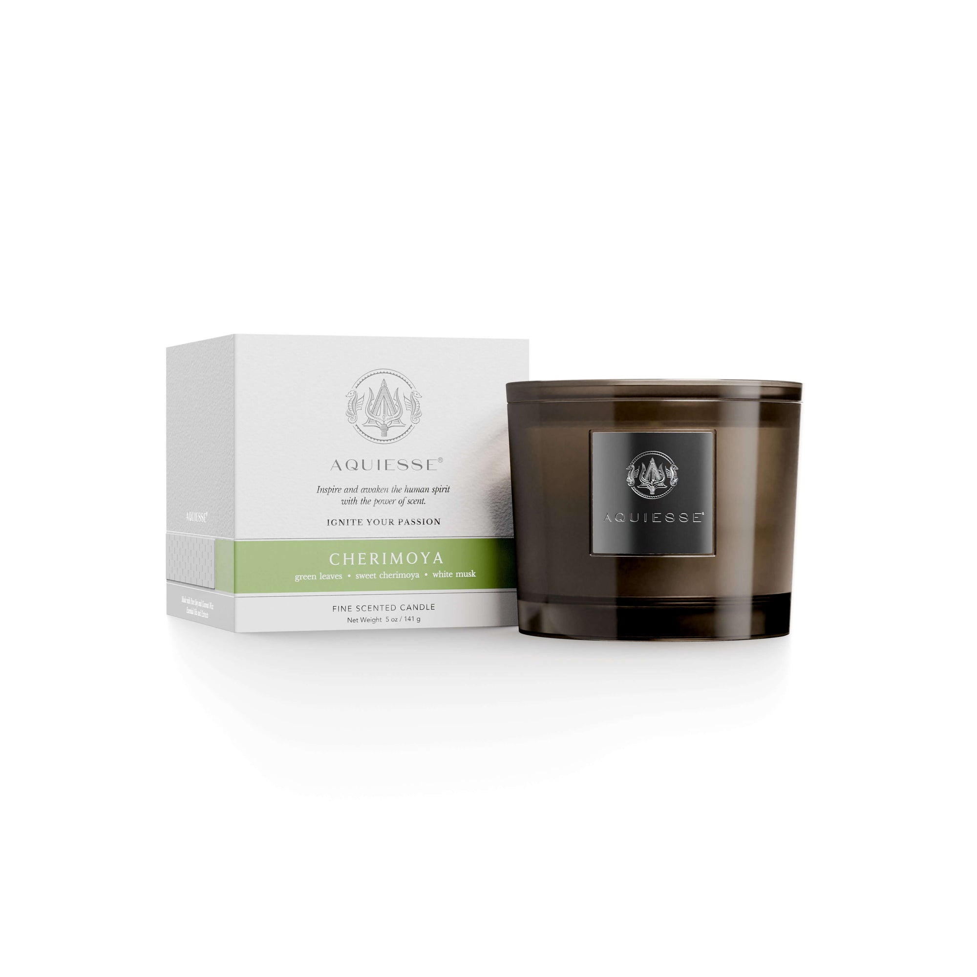 Cherimoya candle by Aquiesse with tropical scents of green leaf, cherimoya, and clean musk.