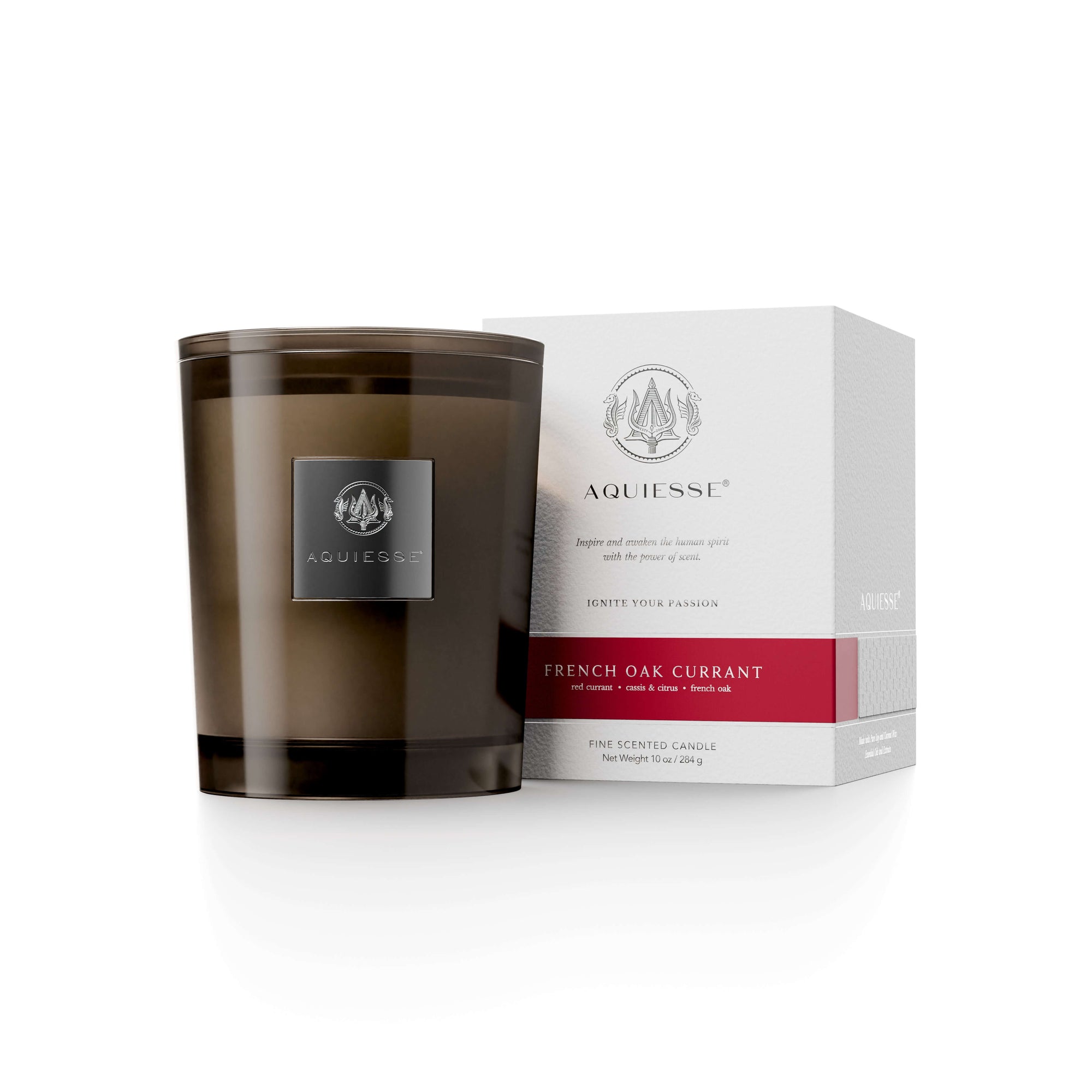 French Oak Currant Candle by Aquiesse, featuring deep red currant, citrus, and French oak in an elegant container.