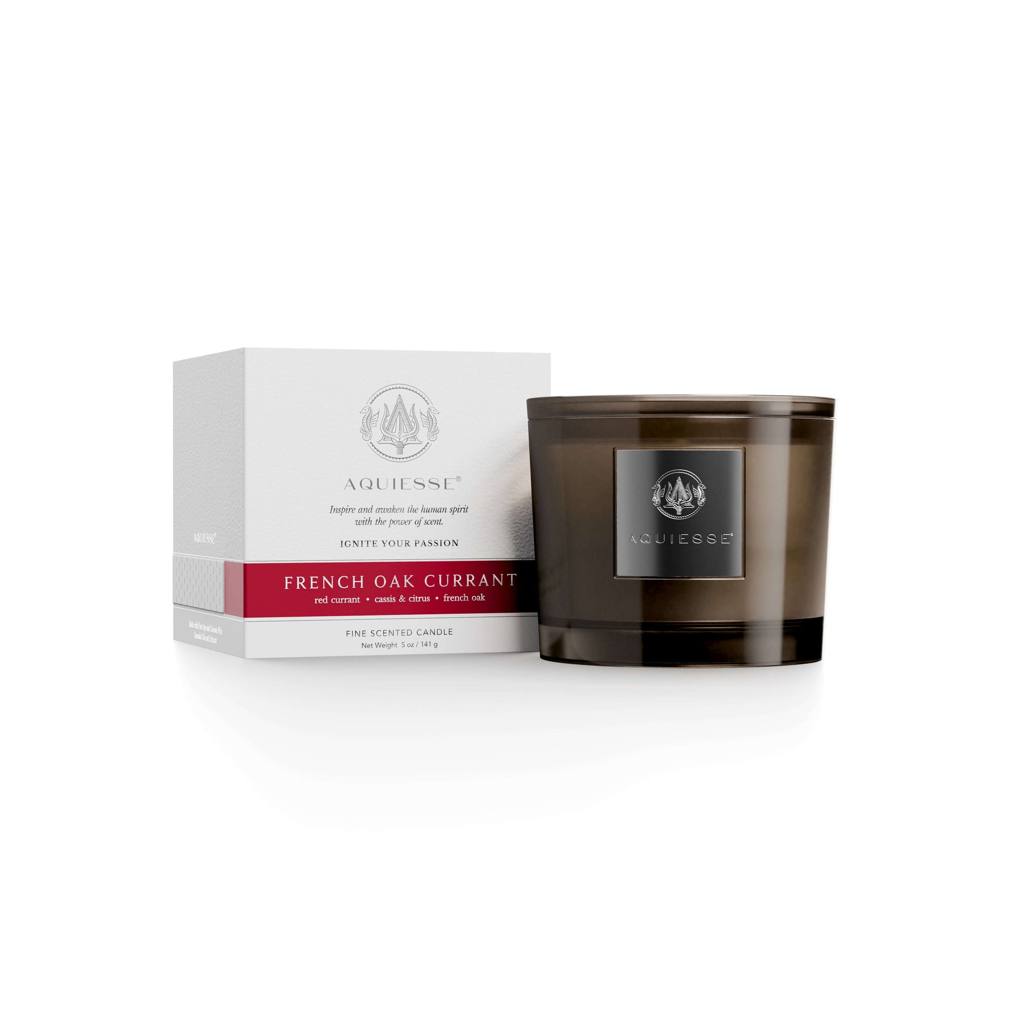 French Oak Currant Candle by Aquiesse with rich scents of red currant, citrus, and sweet cassis in a modern jar.