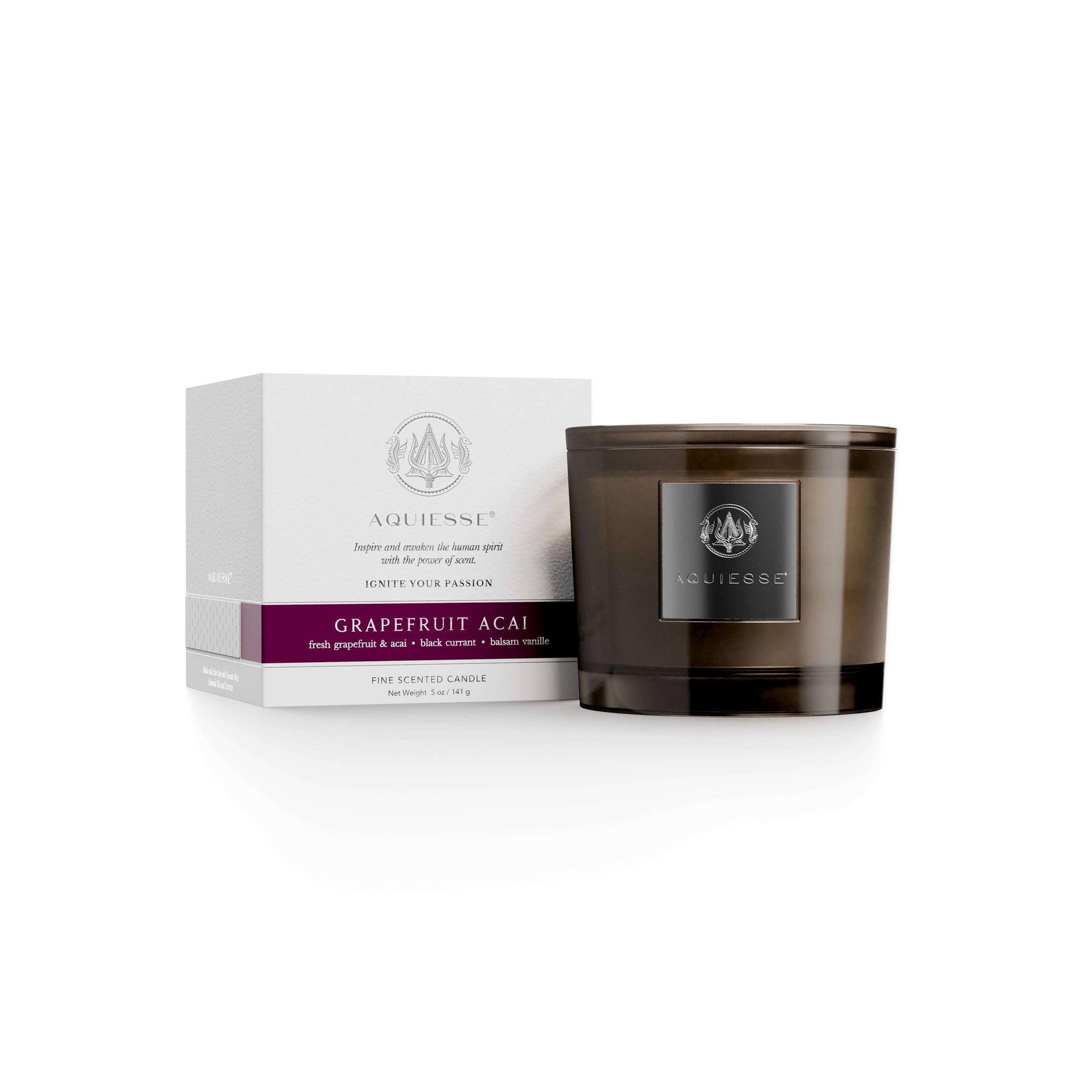 Grapefruit Acai scented candle with rich balsam vanilla, featuring white grapefruit and tart acai berry notes.