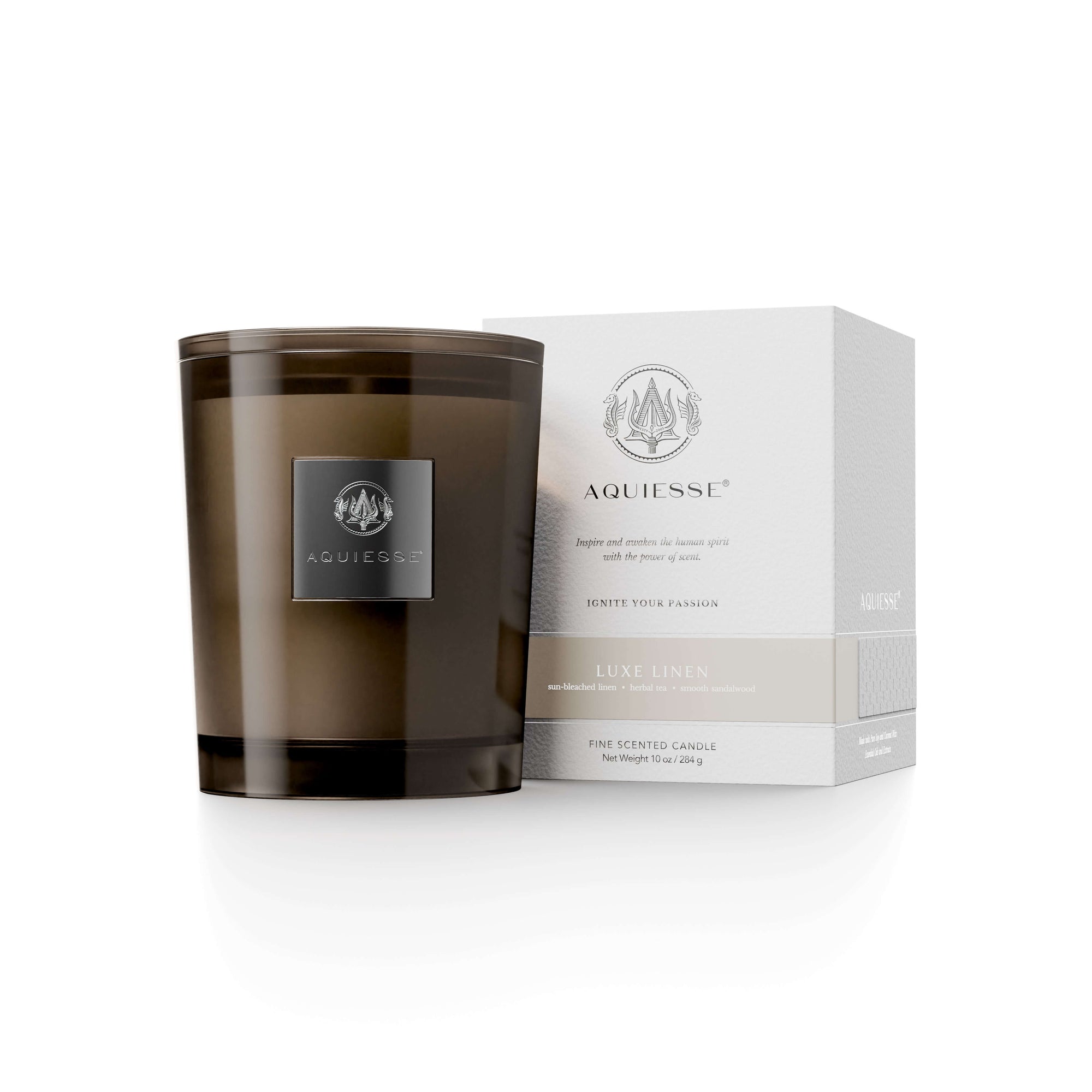 Luxe Linen scented candle with elegant packaging, perfect for home decor and creating a warm atmosphere.