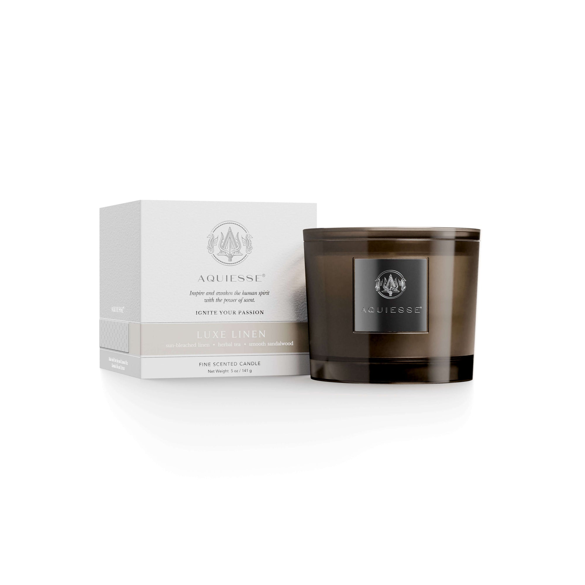 Luxe Linen candle in elegantly designed jar with packaging, perfect for enhancing home decor and creating a luxurious ambiance.