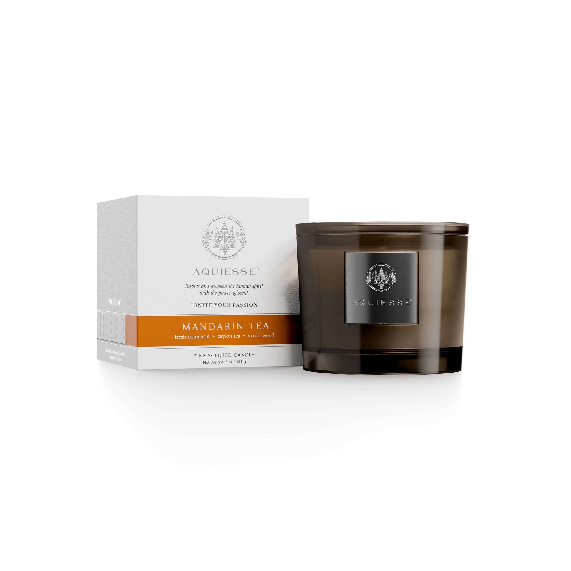 Mandarin tea candle by Aquiesse, featuring fresh mandarin, Ceylon tea, and exotic woods in an elegant jar.
