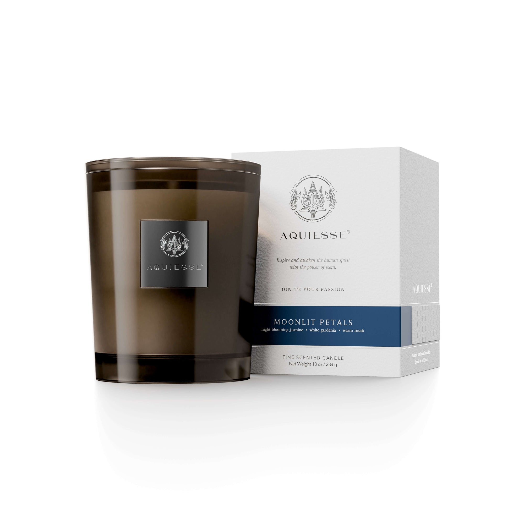 Moonlit Petals Candle by Aquiesse with notes of jasmine, gardenia, and musk, presented in an elegant glass jar.