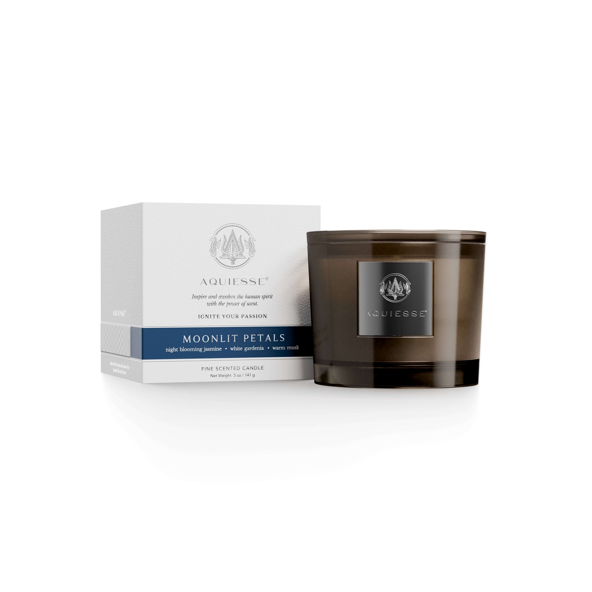 Moonlit Petals Candle with night blooming jasmine, white gardenia, and warm musk for a mystical ambiance.