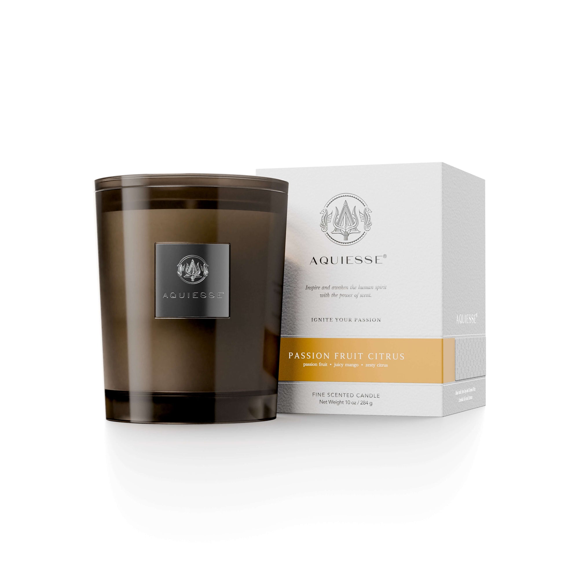 Passion Fruit Citrus Candle by Aquiesse in a stylish jar, with a box showcasing its tropical scent profile.