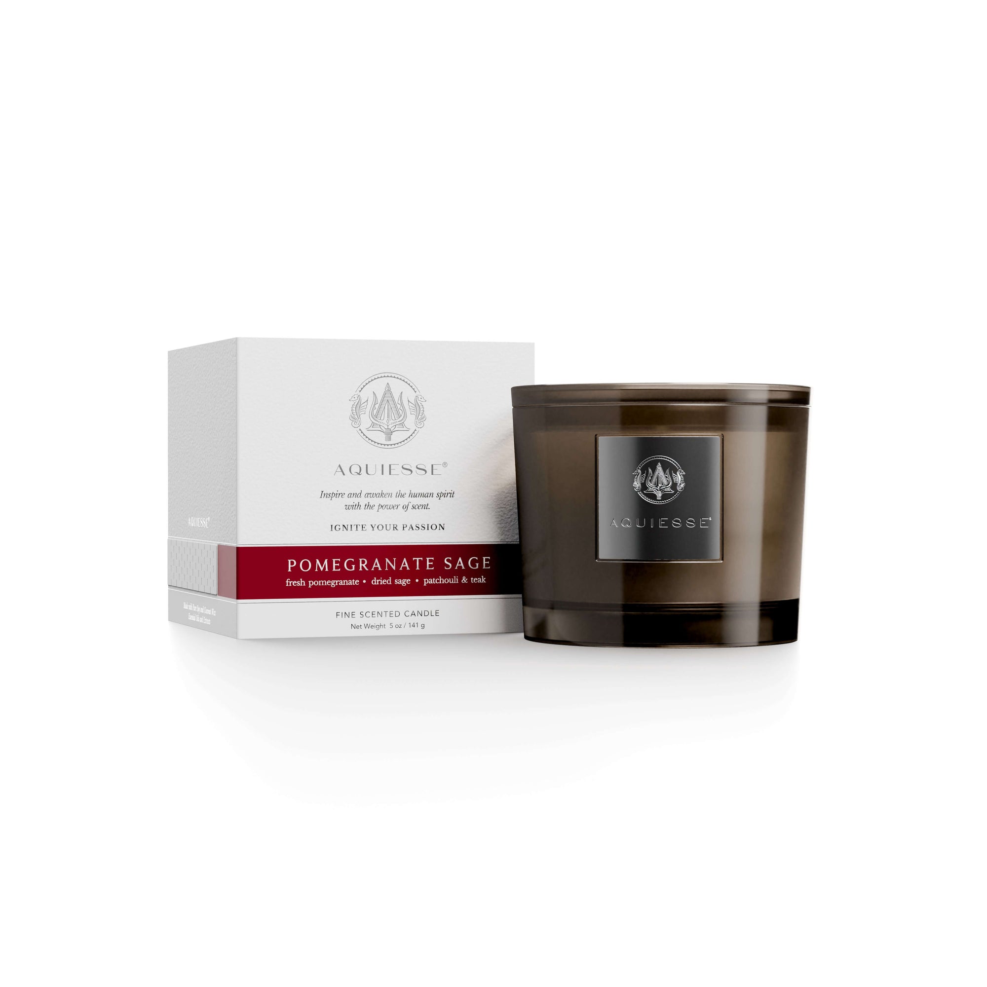 Pomegranate Sage candle with packaging, featuring notes of pomegranate, sage, patchouli, and teak for a refreshing spa experience.