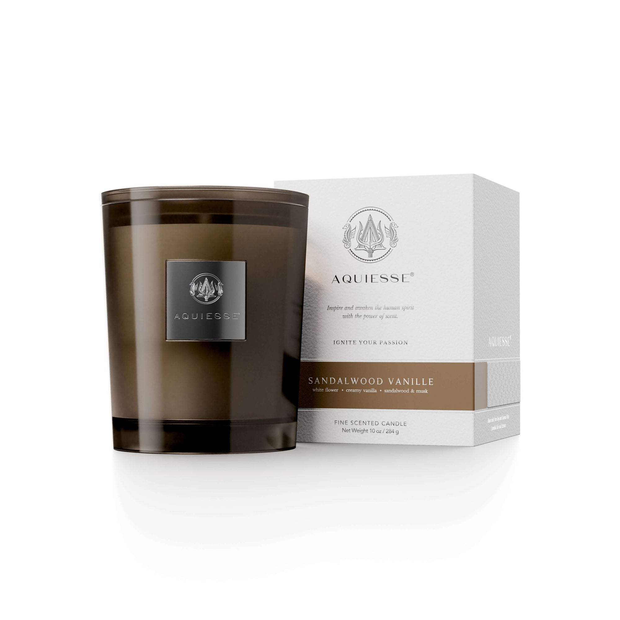 Sandalwood Vanilla Candle by Aquiesse in a sleek glass jar with a white box, featuring notes of sandalwood, vanilla, and musk.