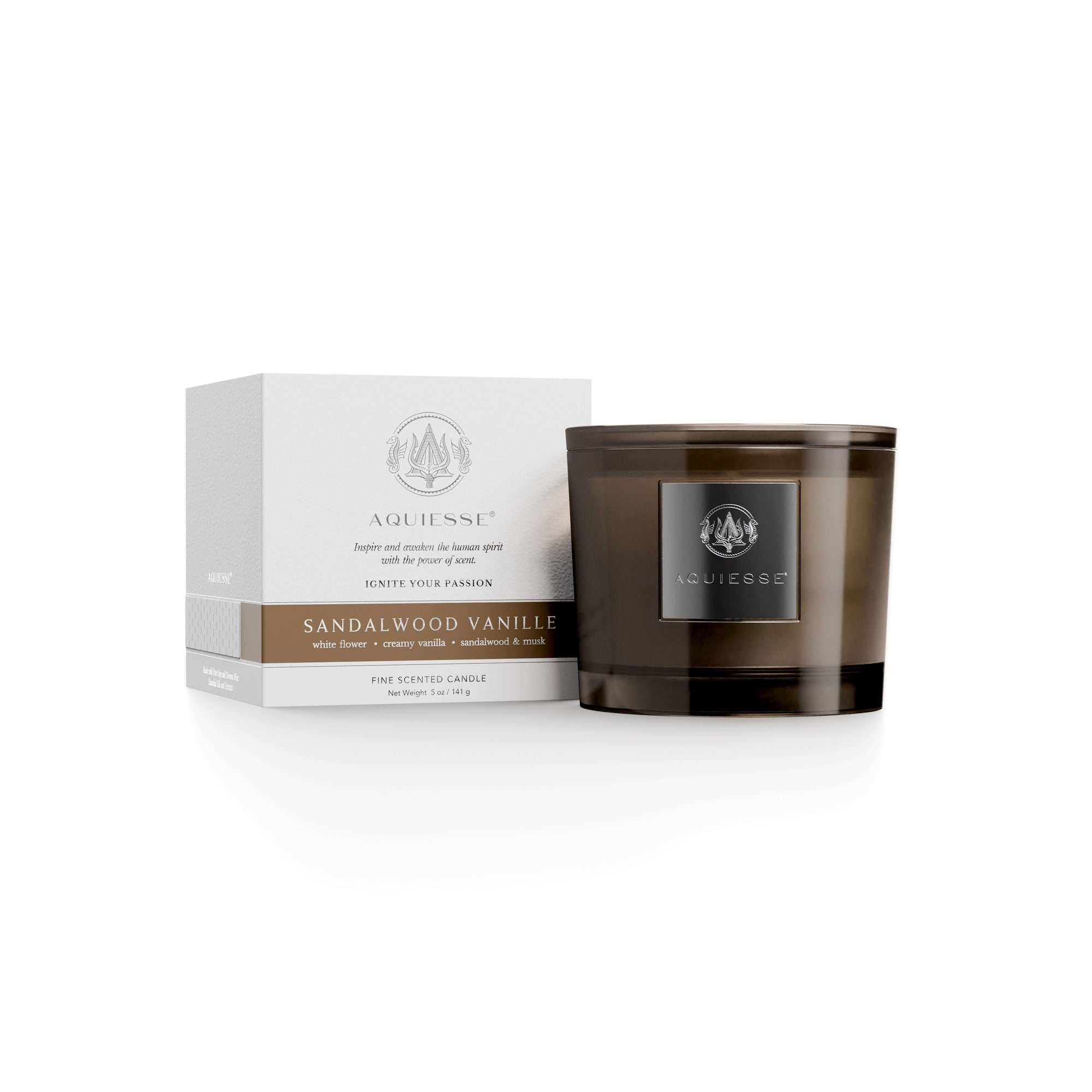Sandalwood Vanilla candle in a stylish glass jar with elegant packaging, featuring notes of musk, vanilla, and sandalwood.