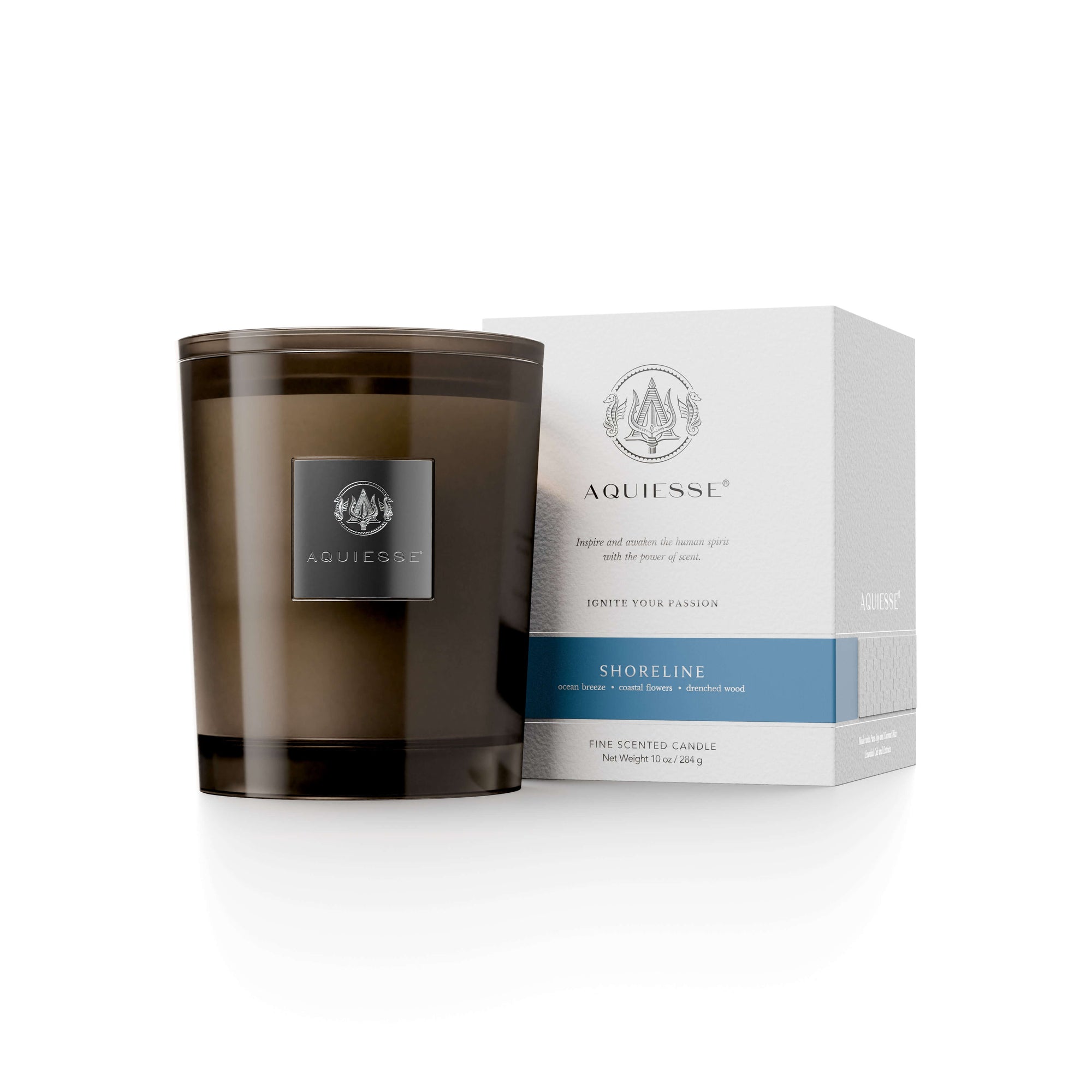 Aquiesse Shoreline candle in a chic glass jar, paired with elegant packaging, capturing coastal scents.