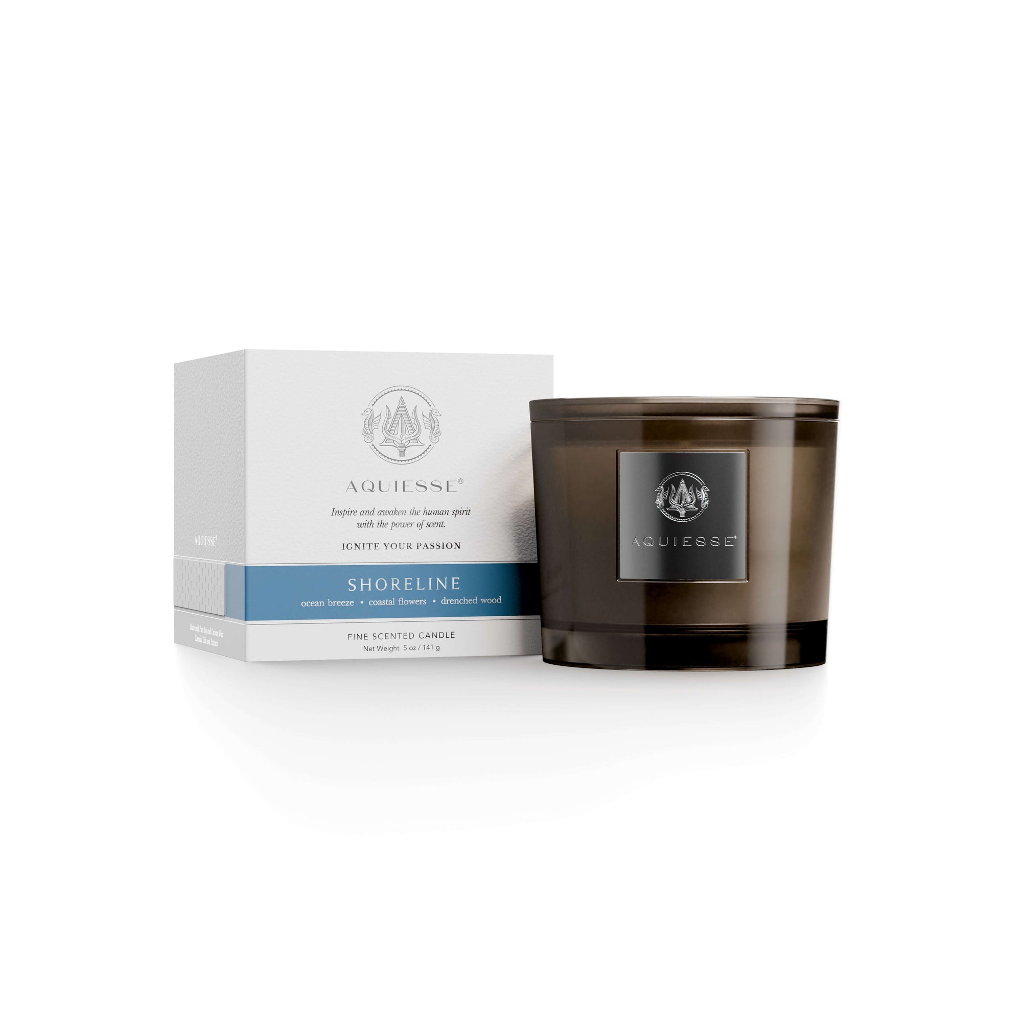 Shoreline candle by Aquiesse in a brown glass jar with a white box, featuring coastal flowers and ocean botanicals.