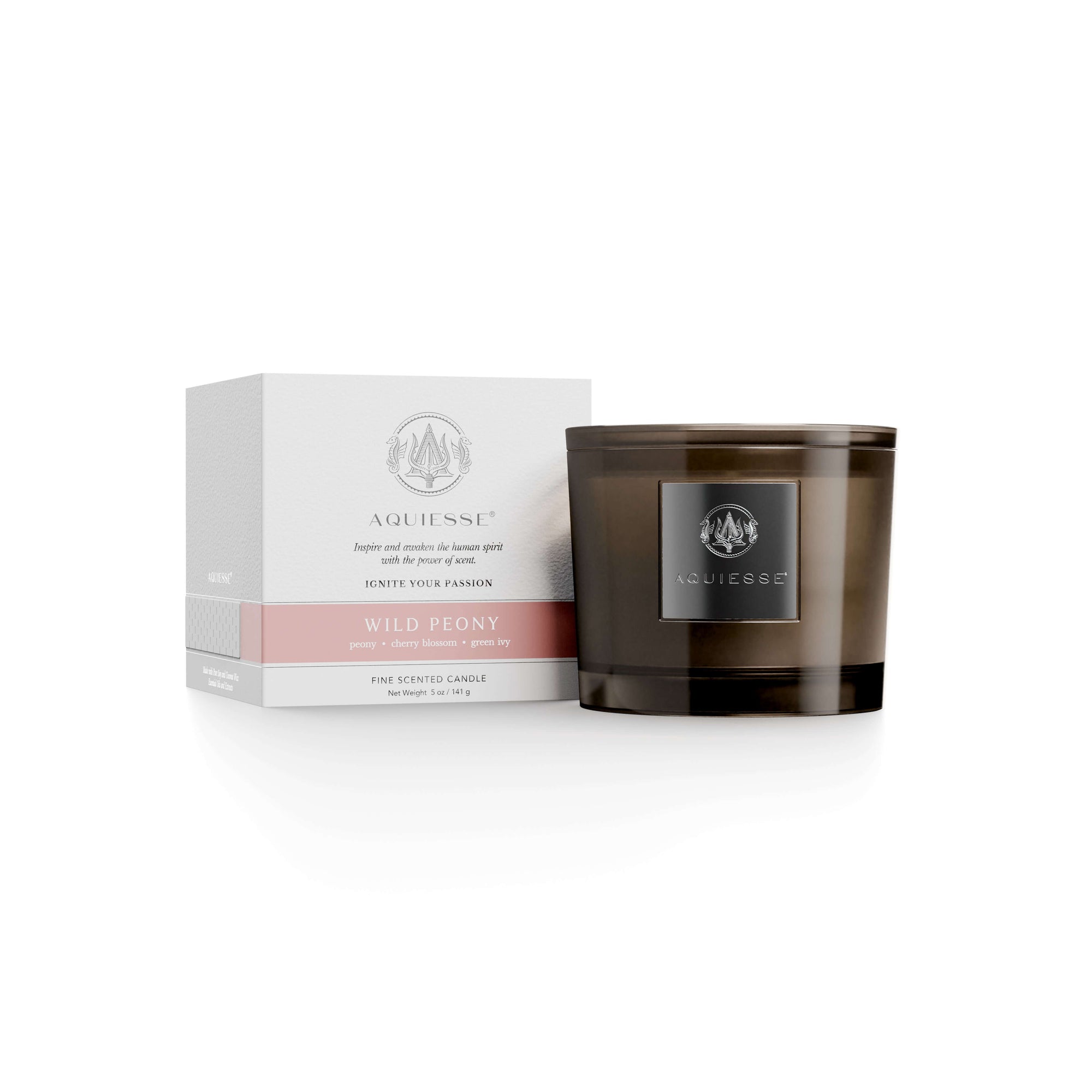 Wild Peony Candle by Aquiesse with delicate pink peony, cherry blossom, and green ivy fragrance, elegantly packaged.